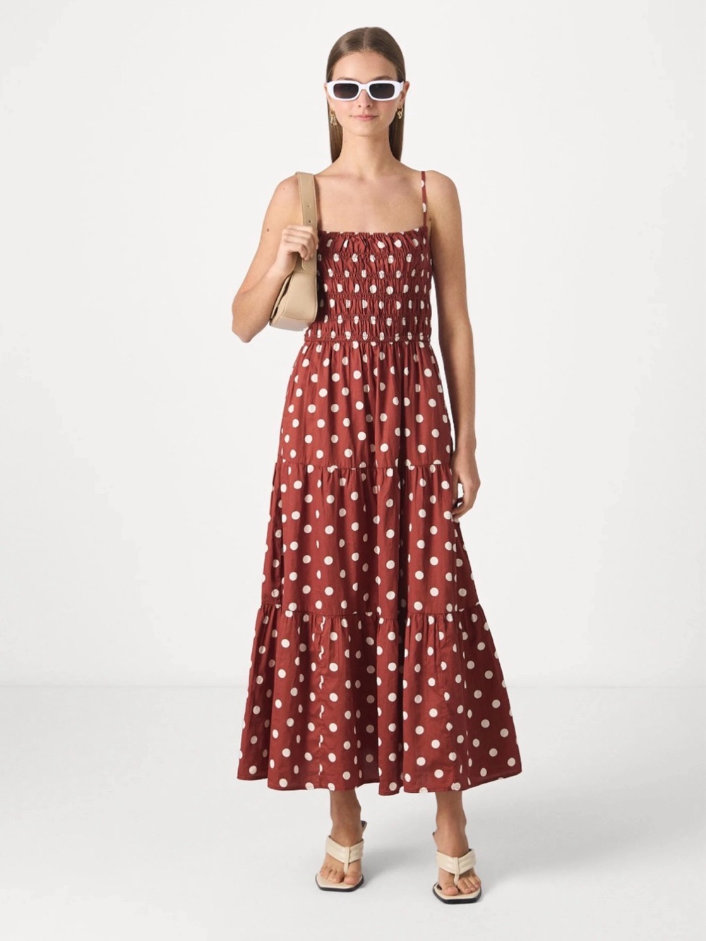 NWT GAP Rust Red Polka Dot Smocked Maxi Dress